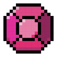 Pixel art image of a red and pink gem with a black outline on a gray background.