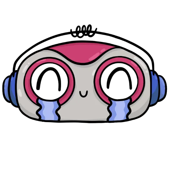 Cartoon robot face with pink and blue accents smiling with tears streaming down from its closed joyful eyes.