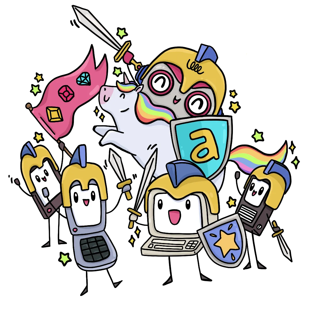 Cartoon knights with gold helmets wielding swords and shields and a smiling unicorn with a rainbow mane and tail; one shield has an 'a' symbol, and the scene includes a pink flag with colorful gems on a black background.