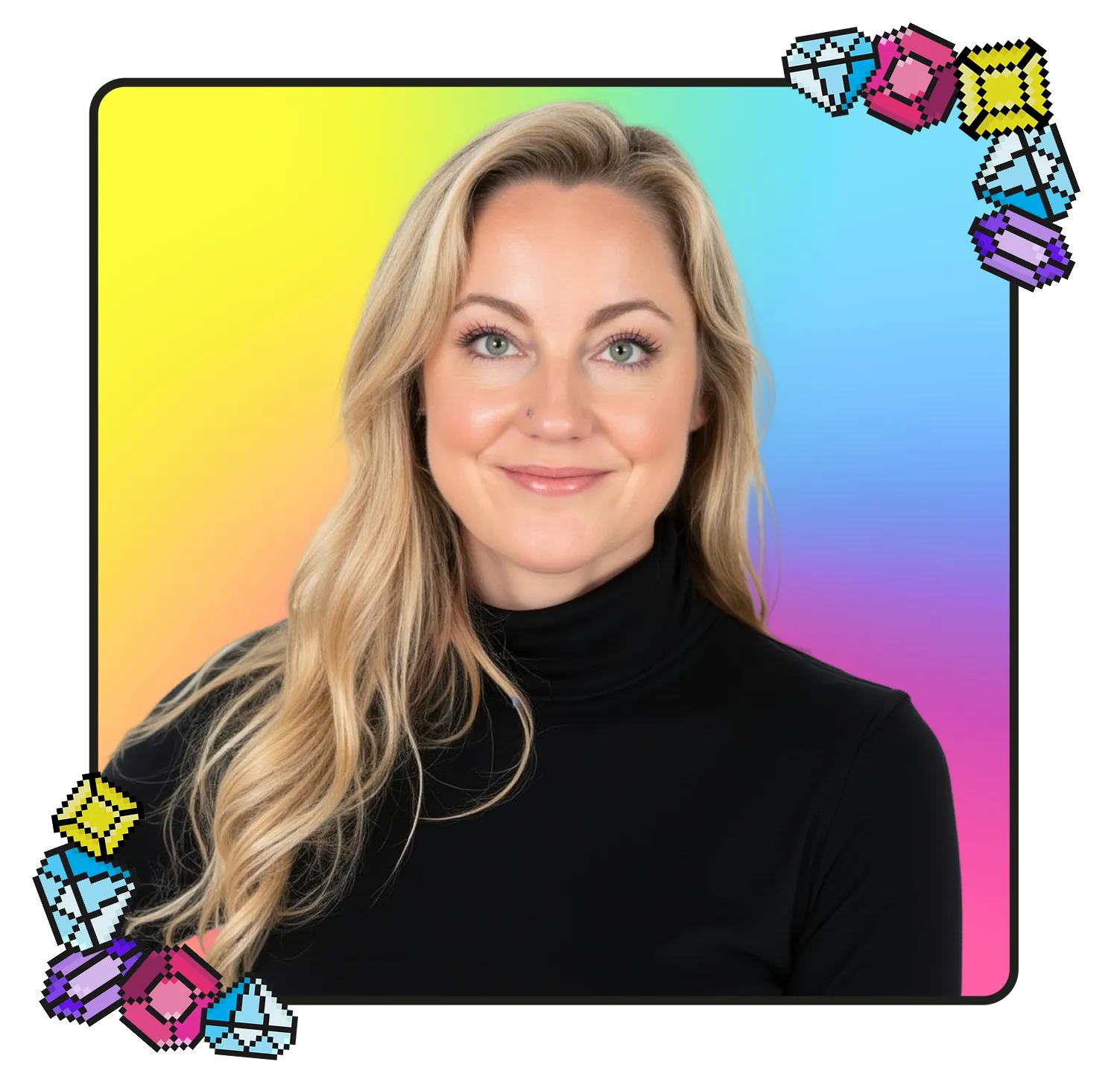 Smiling woman with long blonde hair wearing a black turtleneck against a vibrant gradient background of yellow, green, blue, and pink, decorated with pixel-style colored gems in the corners.