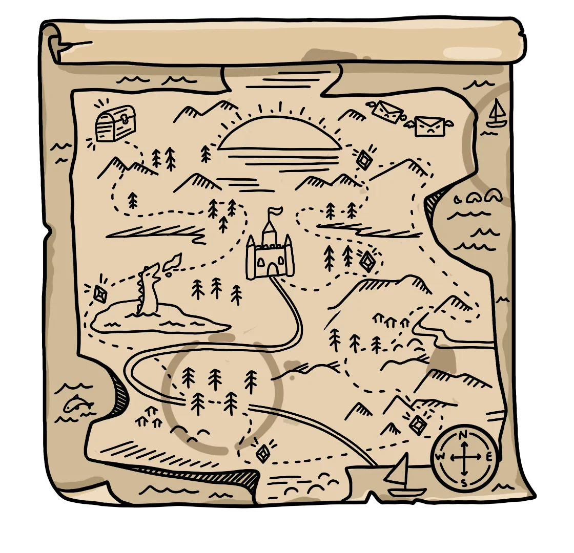 Illustrated fantasy treasure map on parchment showing a castle, mountains, trees, a sea serpent in a lake, a treasure chest, angry flying envelopes, a sailing boat, compass rose, and a dotted path connecting various landmarks.