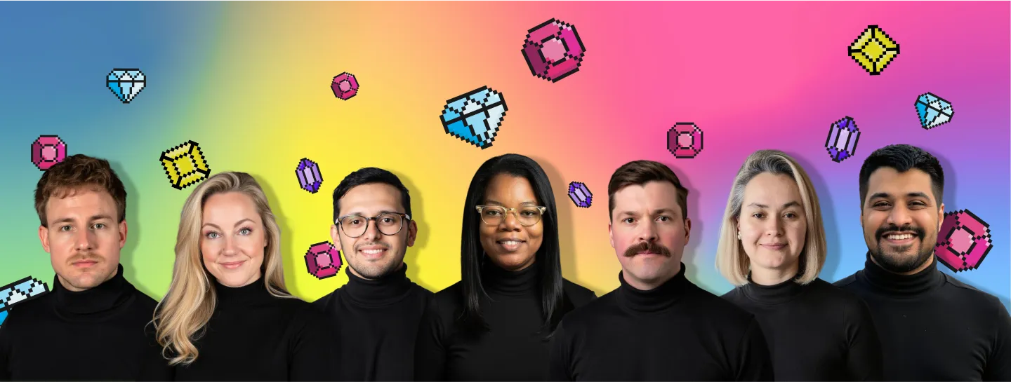 Seven diverse people wearing black turtlenecks stand against a colorful gradient background with pixelated gem designs floating around them.