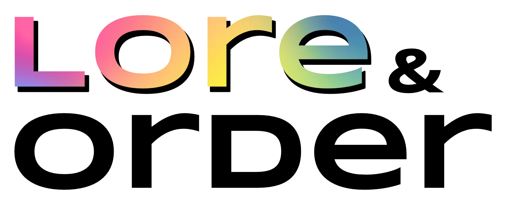 The word 'Lore' written in large letters with a colorful gradient transitioning from pink to yellow to green to blue on a black background.