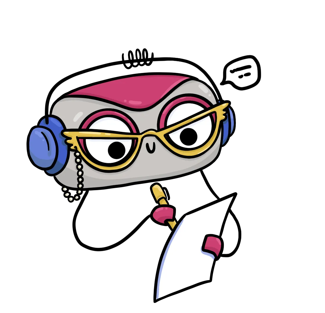 Cartoon robot with a pink top and blue circular ears wearing yellow cat-eye glasses holding a paper and pencil while looking thoughtfully.