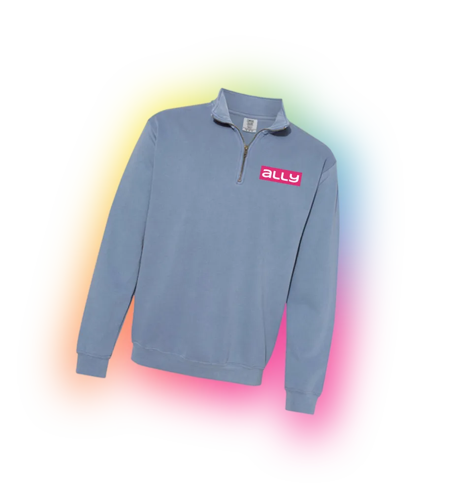 Light blue quarter-zip sweatshirt with a pink rectangular patch on the left chest that has the word 'ally' in white lowercase letters.