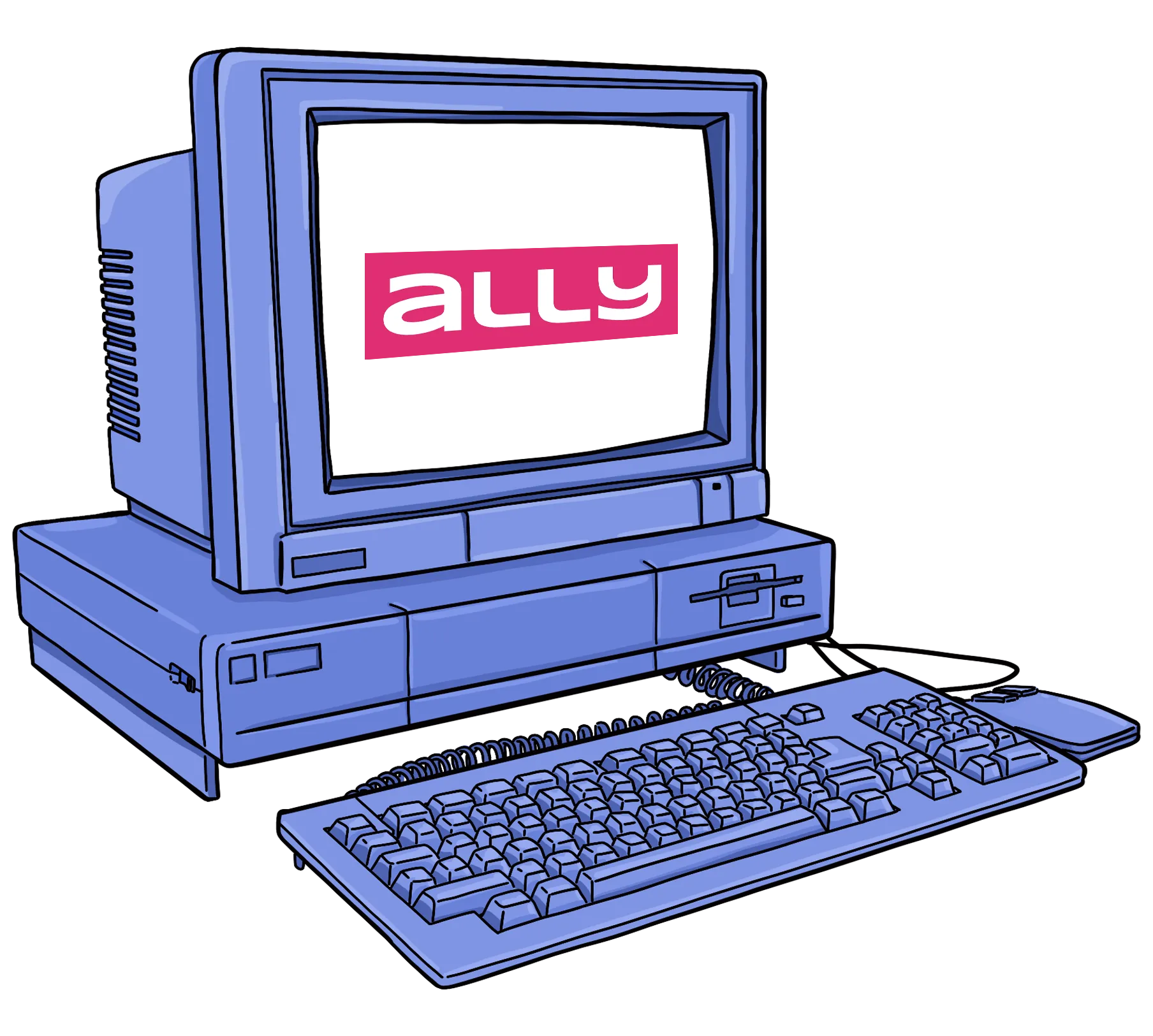 Illustration of a vintage desktop computer with a blue casing, keyboard, and mouse, displaying the word 'ally' in white text on a pink background on the black screen.