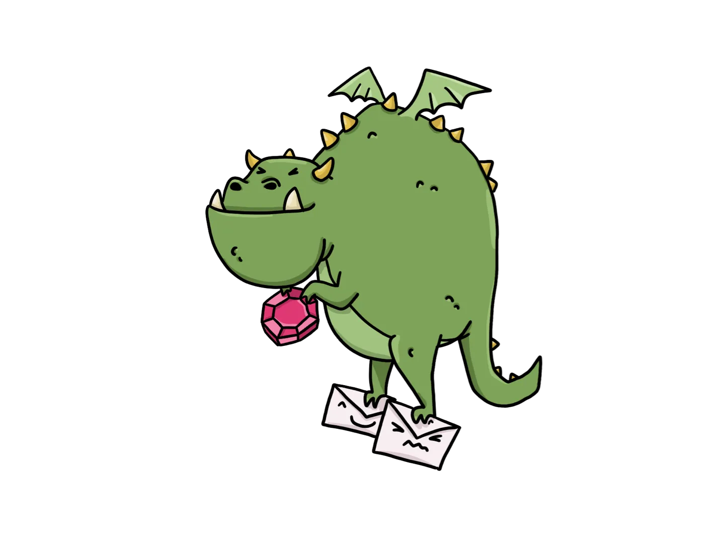 Cartoon green dragon with small wings and yellow spikes holding a large pink gem and standing on two angry-faced white envelopes.