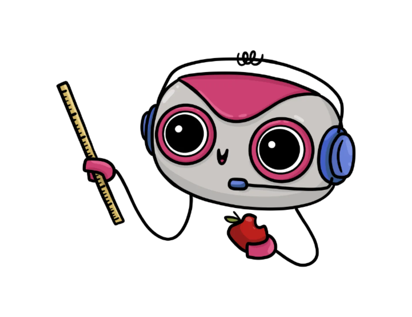 Cartoon robot with large eyes, pink head, blue headset with microphone, holding a yellow ruler in one hand and a red apple in the other.