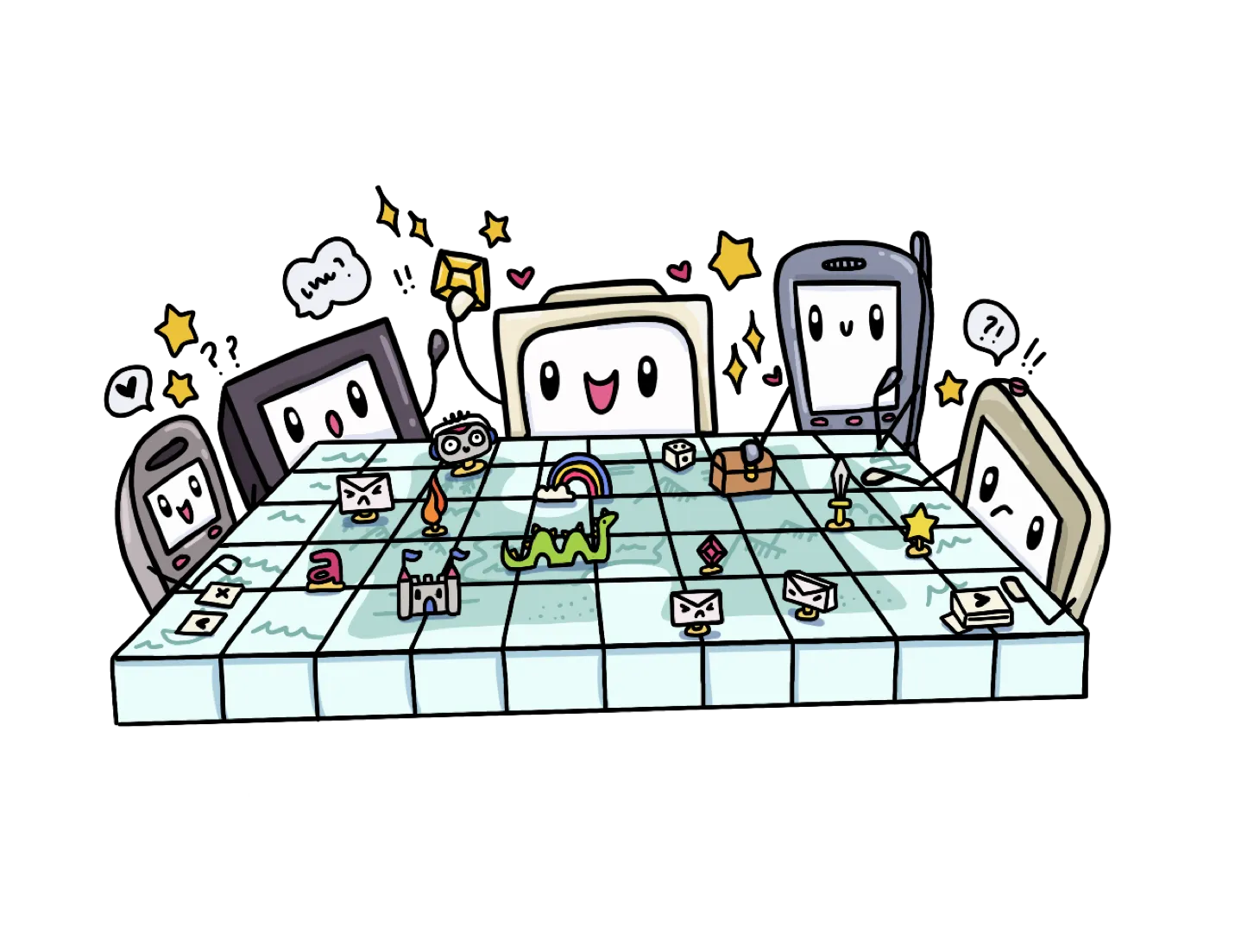Cartoon-style board game scene with six happy device characters (phone, tablet, computer) around a grid board featuring various colorful game pieces including a castle, rainbow, dragon, treasure chest, stars, dice, and envelopes.