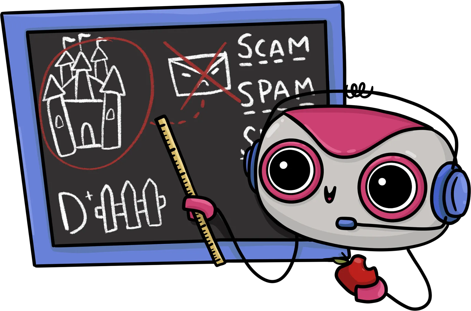 Cute robot character with a pink and gray face wearing headphones and holding a pointer in front of a blackboard with drawings of a castle and icons, and words including 'SCAM' and 'SPAM' with a red cross over an envelope icon.