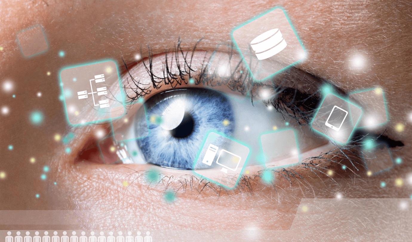 Close-up of a human eye with holograms, surrounded by floating digital icons and interface elements.