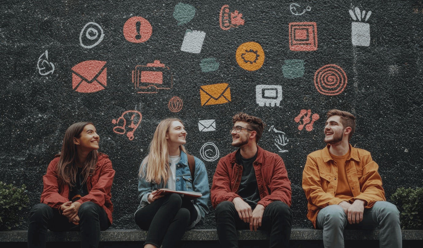Four young people sitting by a wall decorated with colorful social media and technology icons, talking and smiling.