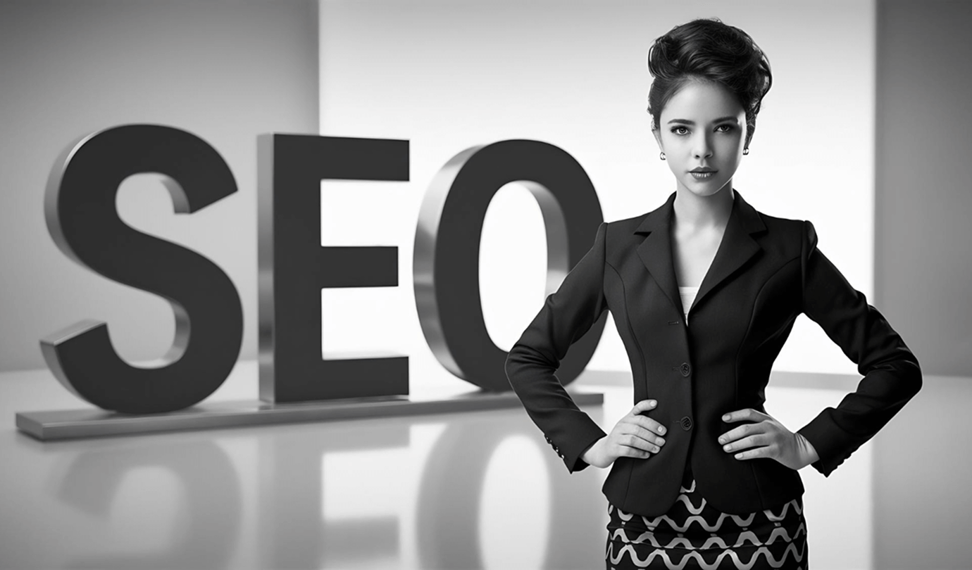 Businesswoman in a suit standing next to large 3D letters “SEO” in the background.
