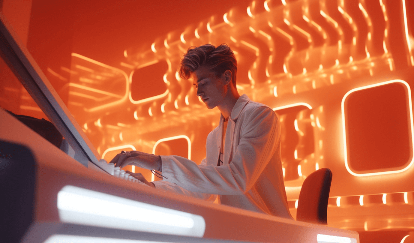 Young man working on a computer in a futuristic room, illuminated by bright orange neon lights.