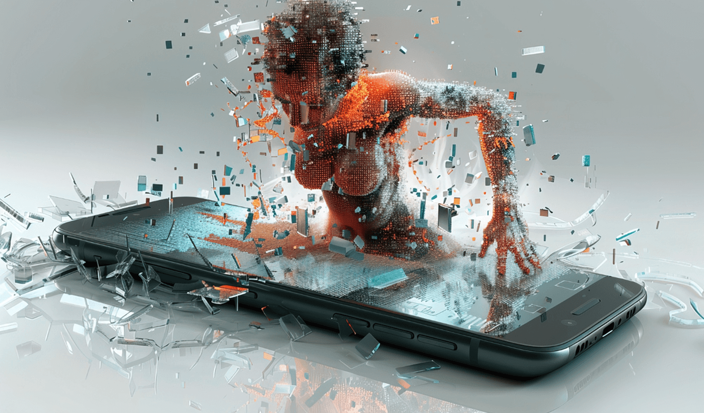 Digital human figure made of particles emerging from a smartphone screen with shattered glass.