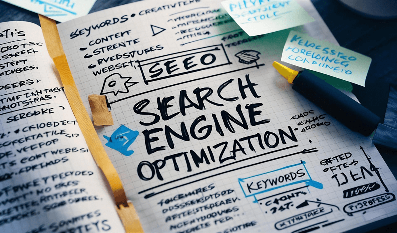 Notebook with SEO notes and keywords, sticky notes and handwritten search engine optimization reminders.