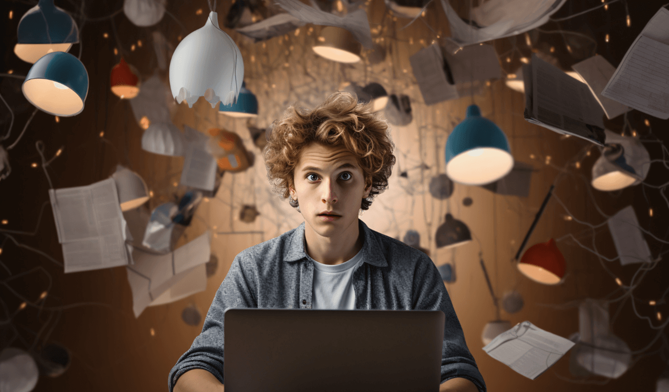 Surprised young man at a laptop, surrounded by floating books, lamps, and papers in chaos.