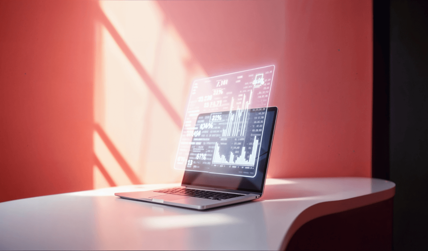 Laptop with holographic interface on a desk in sunlight, displaying charts and data.
