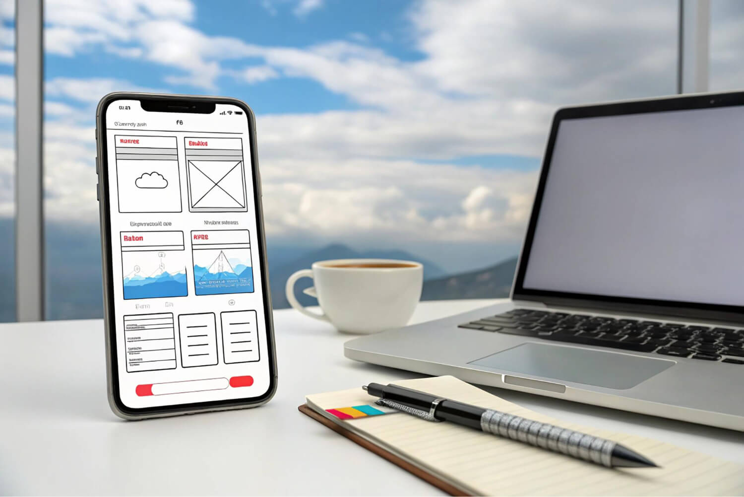 Smartphone displaying a wireframe design app screen placed on a desk next to a laptop, notebook with pen, and a cup of coffee, with a window view of a cloudy sky and mountains in the background.