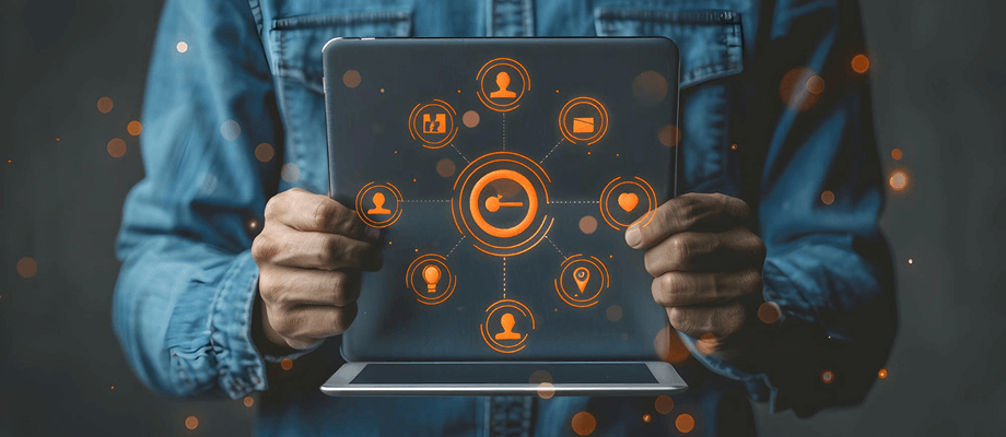 A man holding a tablet displaying a digital network visualization with user icons and connection lines on a dark background.