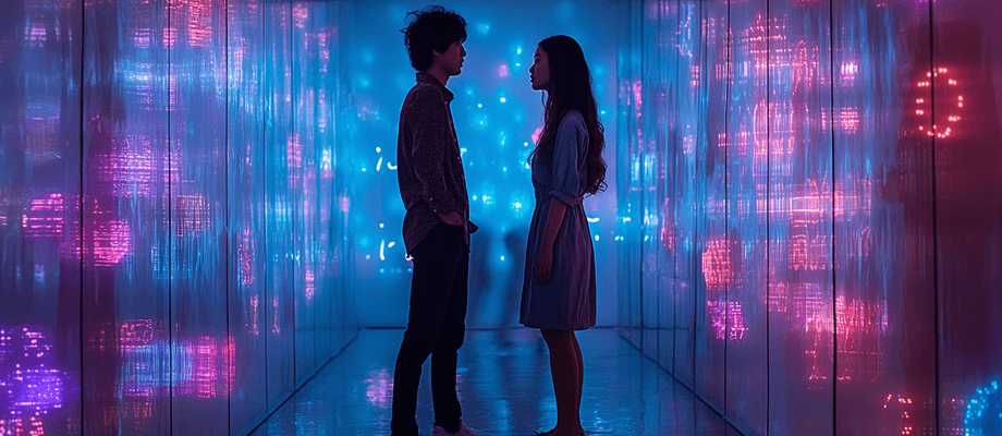 A young man and woman standing face to face in a neon-lit corridor with glowing pink and blue panels, creating a futuristic digital atmosphere.