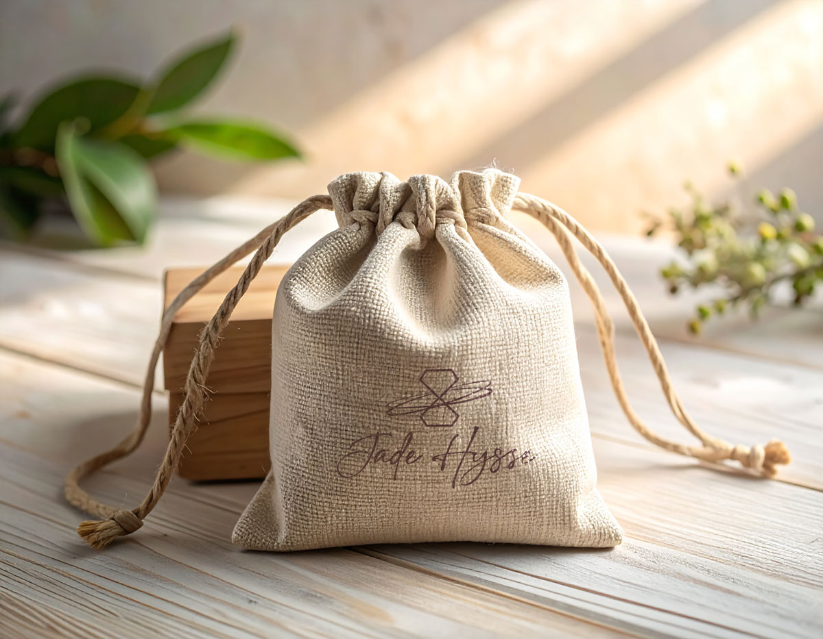 artisan bijoutier création du packaging petit sac un lin pour mettre les bijoux