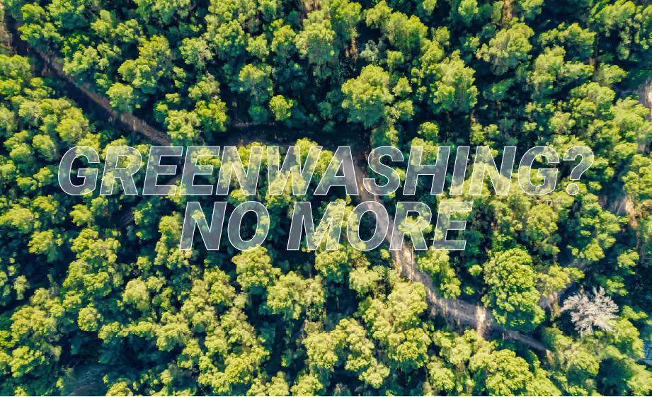 Aerial view of a dense green forest with text overlay: "Stricter Green Claims Enforcement Starts this September: Is Your Supply Chain Ready?" behind which large outline text reads "GREENWASHING? NO MORE" above a "Contact Us" button.