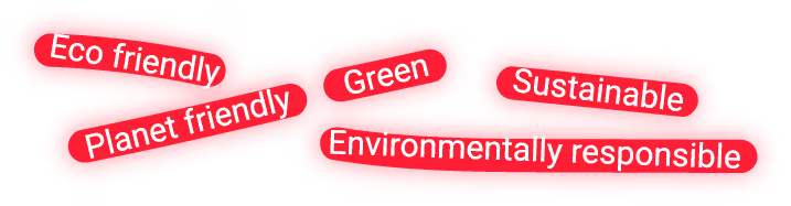 A graphic showing red, rounded text bubbles containing vague phrases that businesses should avoid using. The phrases include "Eco friendly", "Planet friendly", "Green", "Sustainable", and "Environmentally responsible".