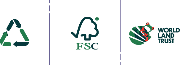 Three green environmental certification logos arranged side by side: the standard triangular recycling symbol, the FSC (Forest Stewardship Council) tree and checkmark logo, and the World Land Trust logo featuring a red-eyed tree frog on a green globe.