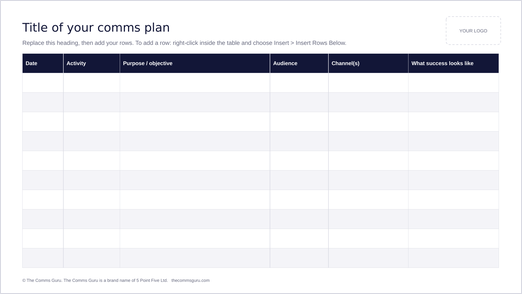 Internal Communications Plan, blank template slide