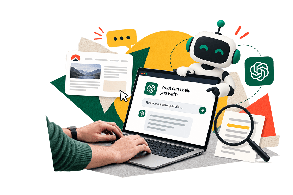 Someone typing at a laptop, asking an AI assistant to tell them about an organisation, with web pages and a magnifying glass around them