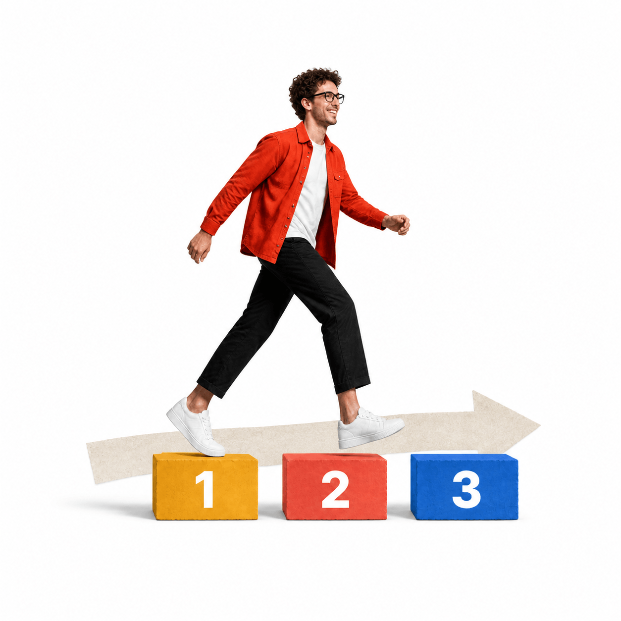 A man stepping up across three coloured blocks numbered one, two and three