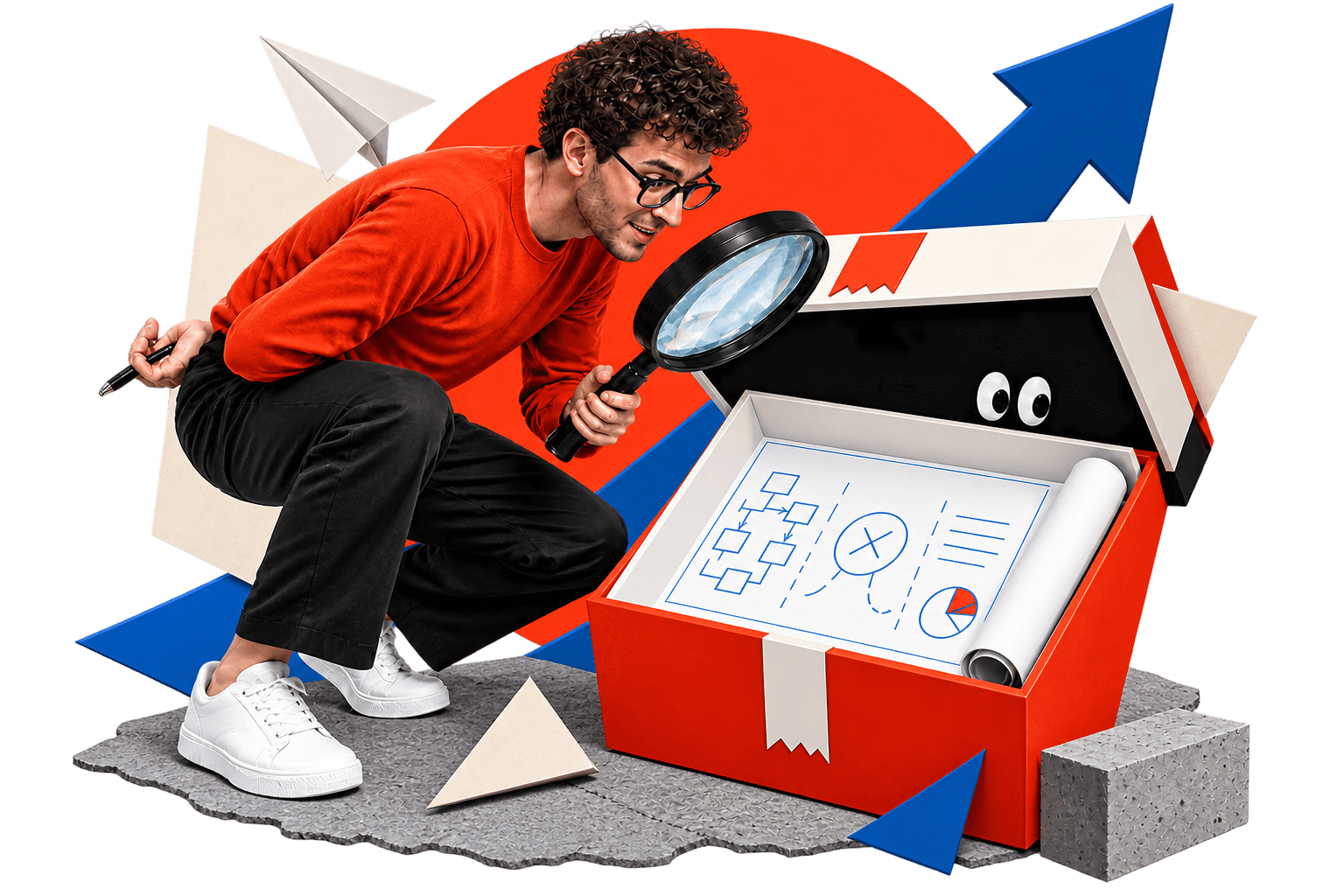 A man crouching with a magnifying glass, inspecting a plan inside an open box