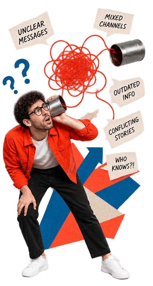 A man listening through a tin can phone, surrounded by tangled string and notes reading unclear messages, mixed channels, outdated info, conflicting stories and who knows