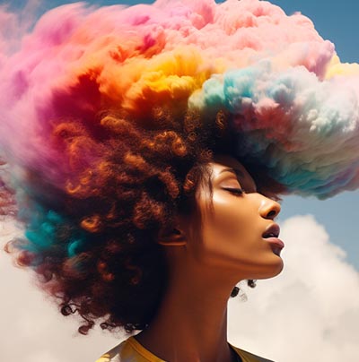 Neurodiverse woman with rainbow clouds merging with her own hair
