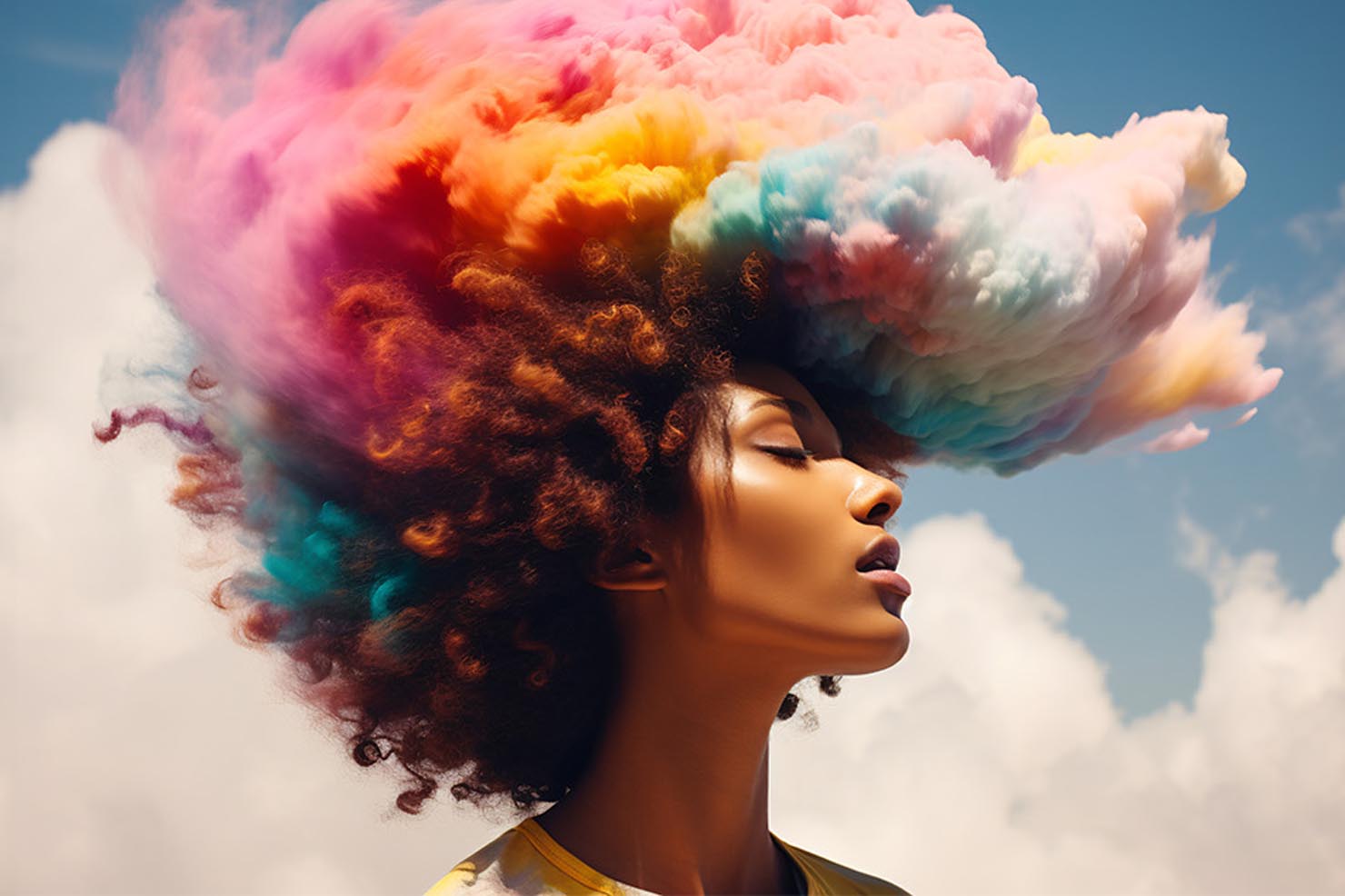 Neurodiverse woman with rainbow clouds merging with her own hair