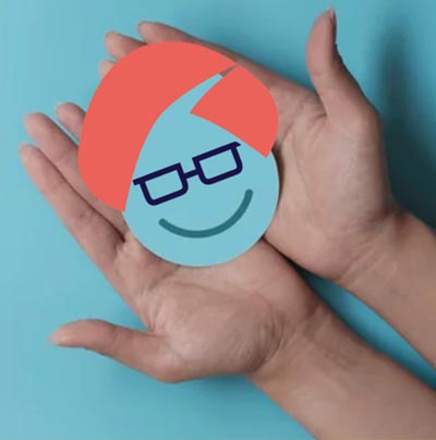 Hands gently holding a stylised version of The Comms Guru logo with red hair, glasses, and a smiling face.