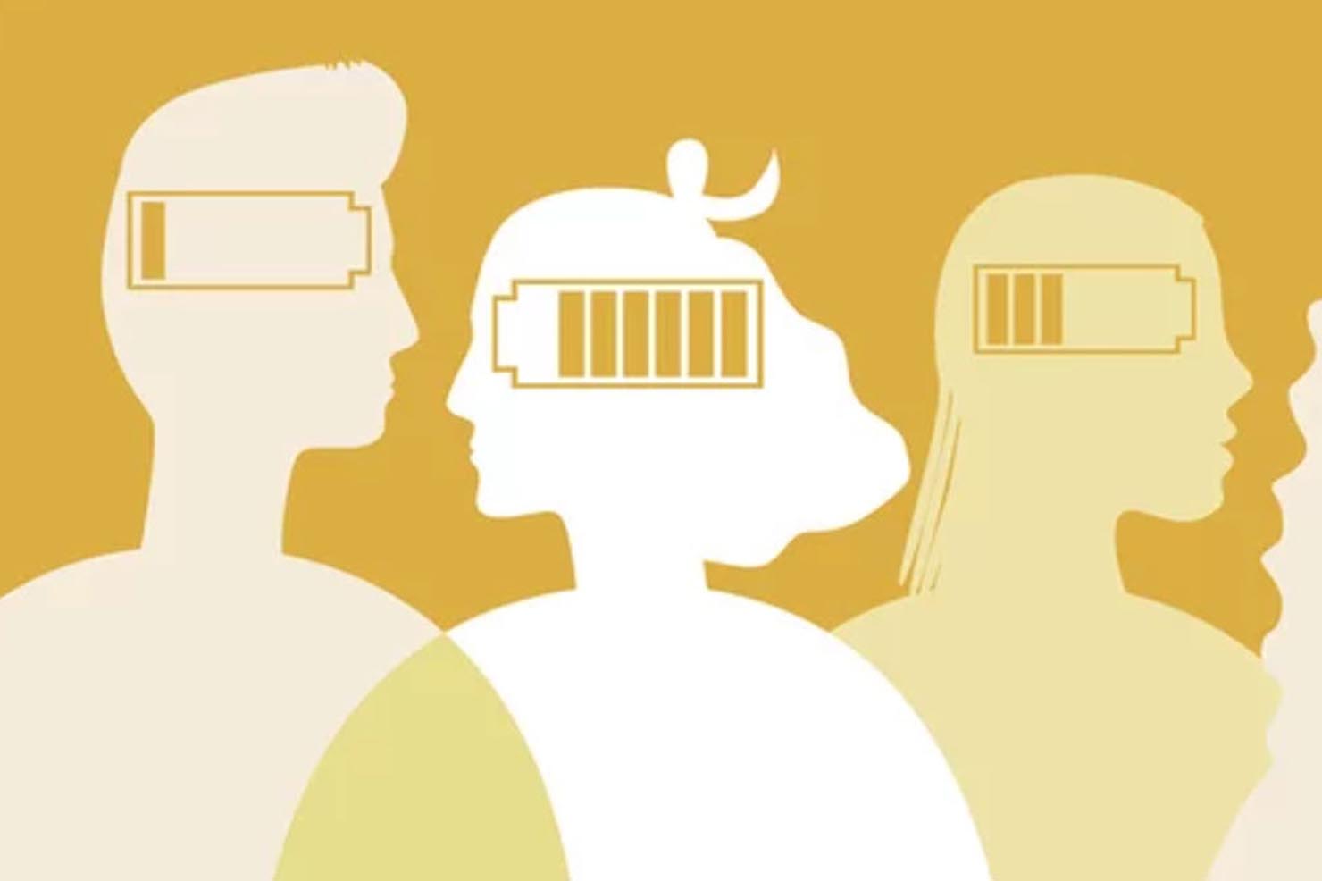 Illustration of three human silhouettes with battery icons on their heads, showing different charge levels.