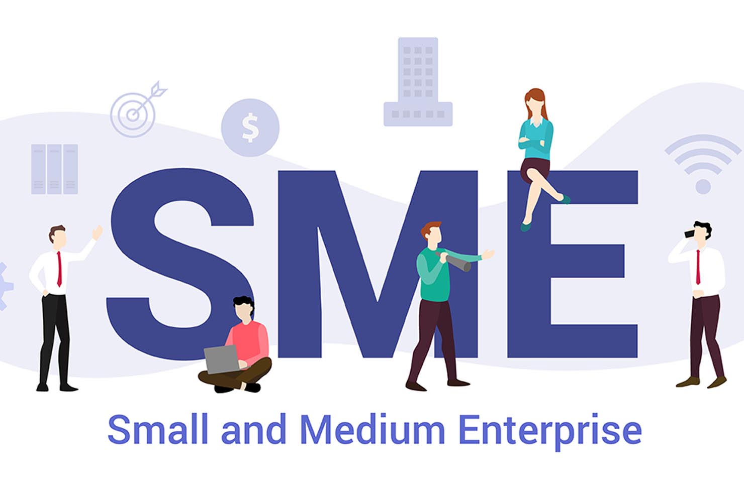 Illustration of five business people interacting around large bold letters ‘SME’, representing Small and Medium Enterprise. One person is seated on the ‘E’, others are standing, gesturing, or using devices. Background icons include dollar signs, buildings, targets, gears, and wireless signals, symbolising business and technology