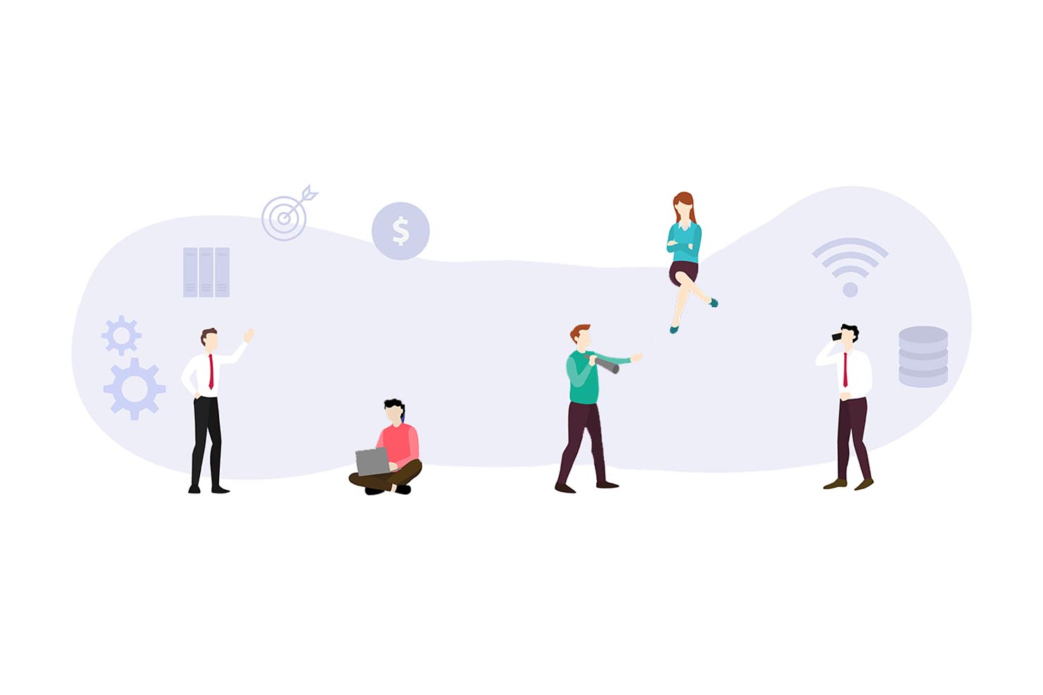 Flat-style illustration of five diverse business characters engaging in various work activities against a soft purple abstract shape. Surrounding icons include gears, targets, dollar signs, wireless symbols, and database icons, representing core elements of SME operations and digital connectivity.