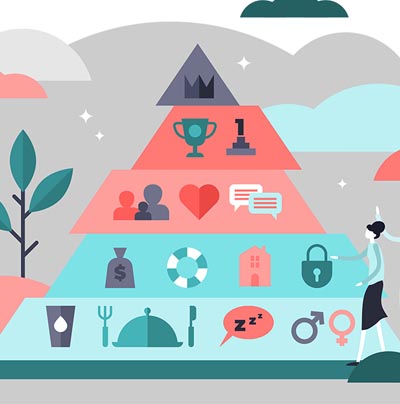 Stylised illustration of Maslow’s hierarchy of needs pyramid with icons instead of text. Layers depict symbols for food, shelter, security, love, communication, achievement, and self-actualization. Two characters stand at the base of the pyramid, surrounded by clouds and plants in a modern flat design style