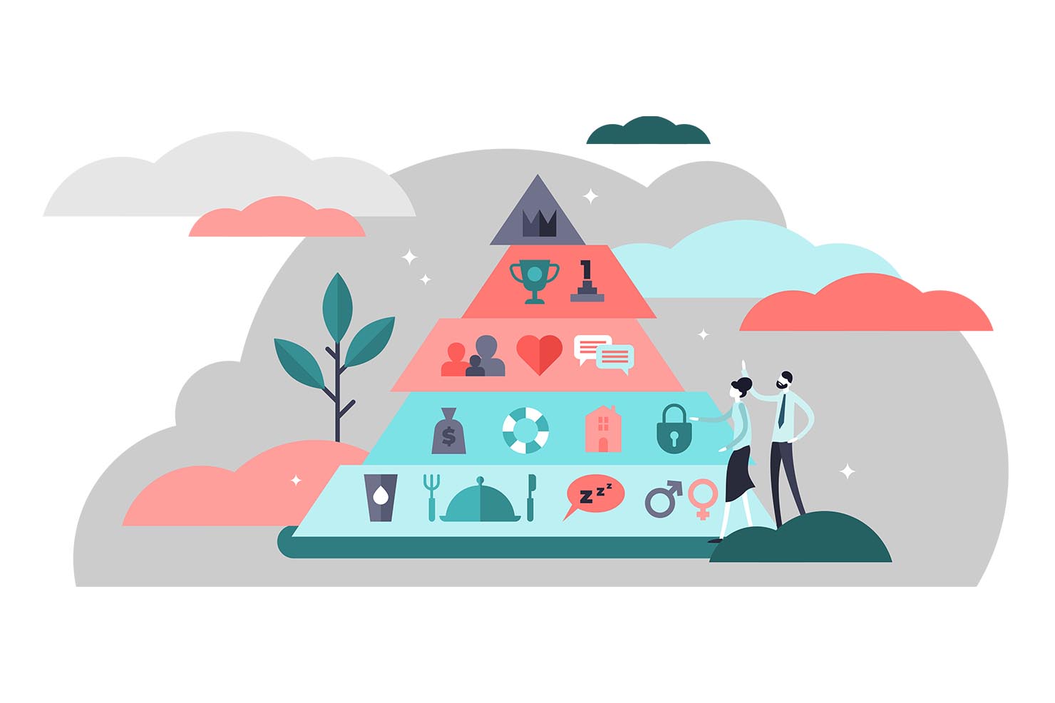 Stylised illustration of Maslow’s hierarchy of needs pyramid with icons instead of text. Layers depict symbols for food, shelter, security, love, communication, achievement, and self-actualization. Two characters stand at the base of the pyramid, surrounded by clouds and plants in a modern flat design style