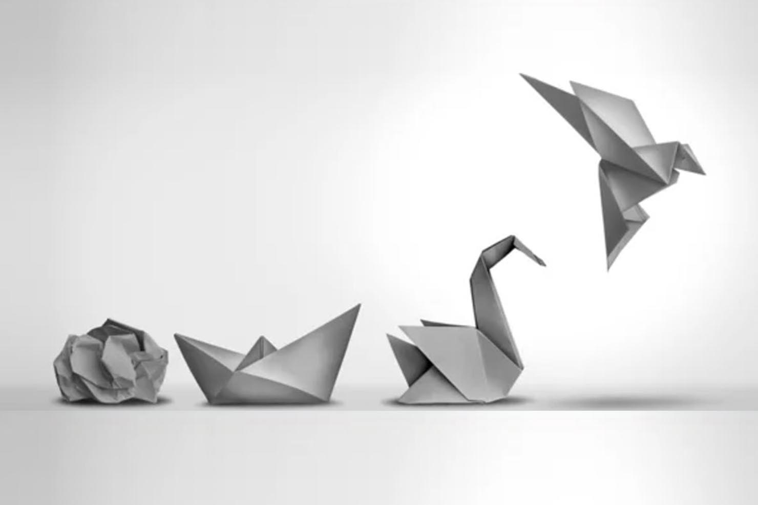 Conceptual image showing four stages of transformation through origami: from a crumpled ball of paper to a boat, a swan, and finally a bird in flight, symbolising growth, learning, and evolution