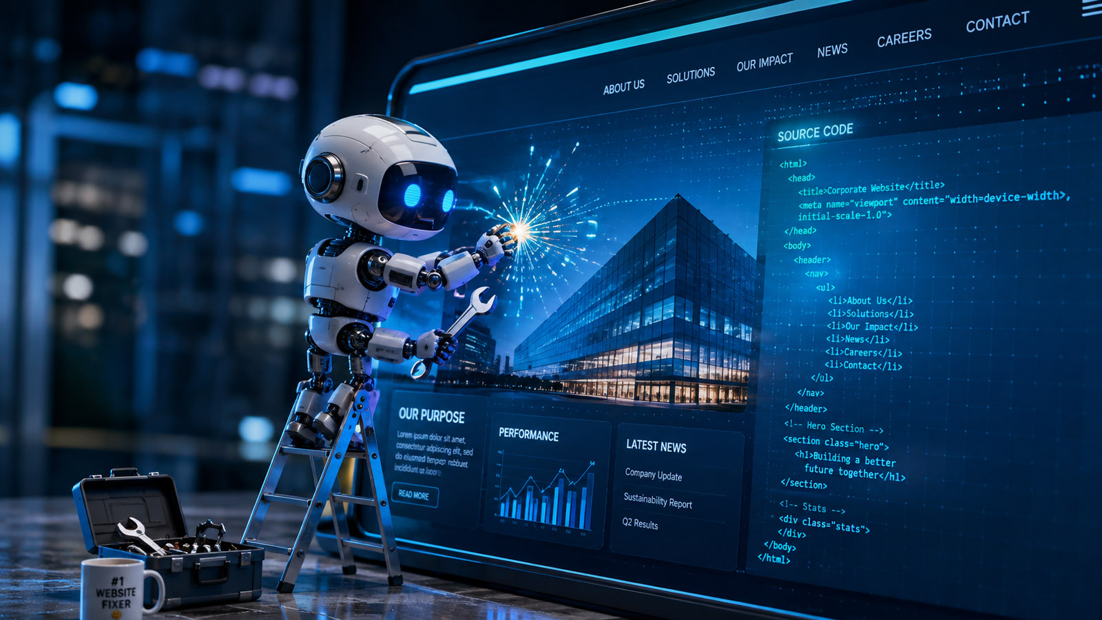 Comms Take graphic about AI making corporate websites more important, featuring The Comms Guru founder Paul Heaton and an AI robot repairing a website.