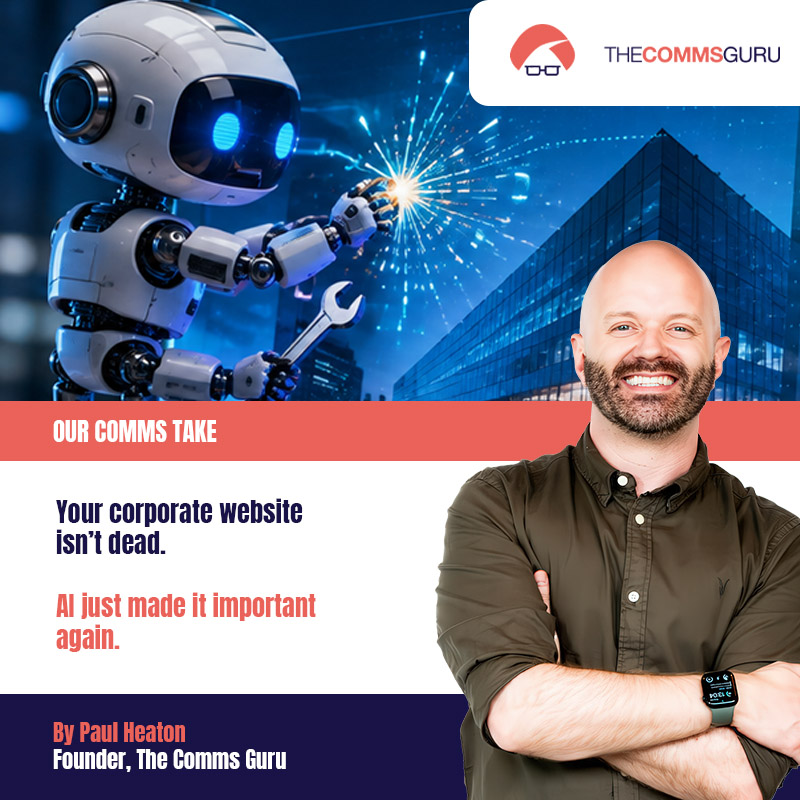 AI robot repairing a corporate website dashboard, illustrating how artificial intelligence is changing corporate websites and digital communications.
