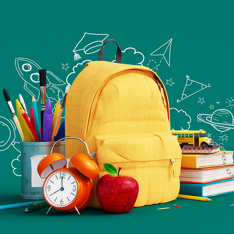 A back-to-school image of a child's rucksack and new term items to represent a fresh start for internal comms in September