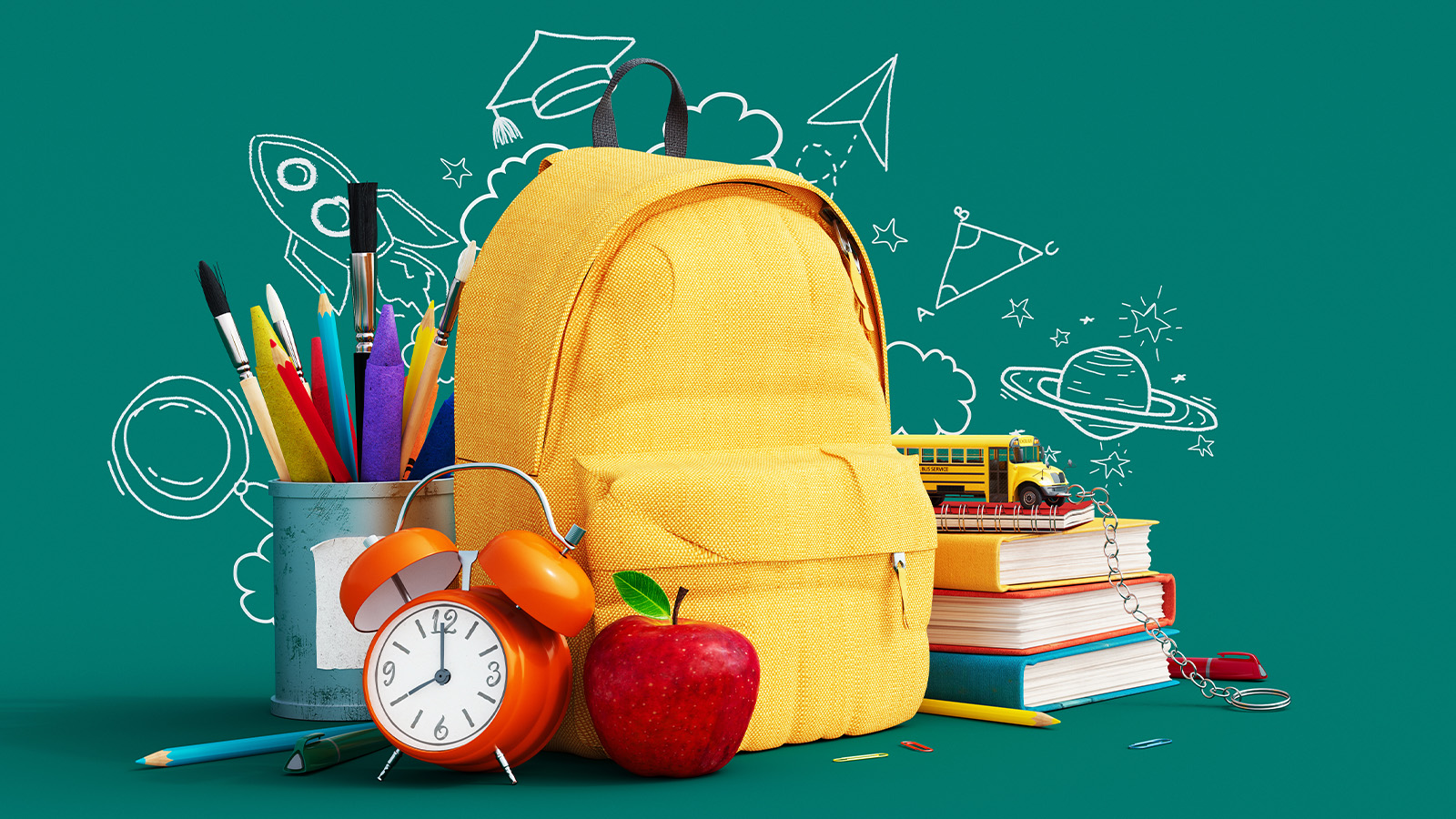 A back-to-school image of a child's rucksack and new term items to represent a fresh start for internal comms in September