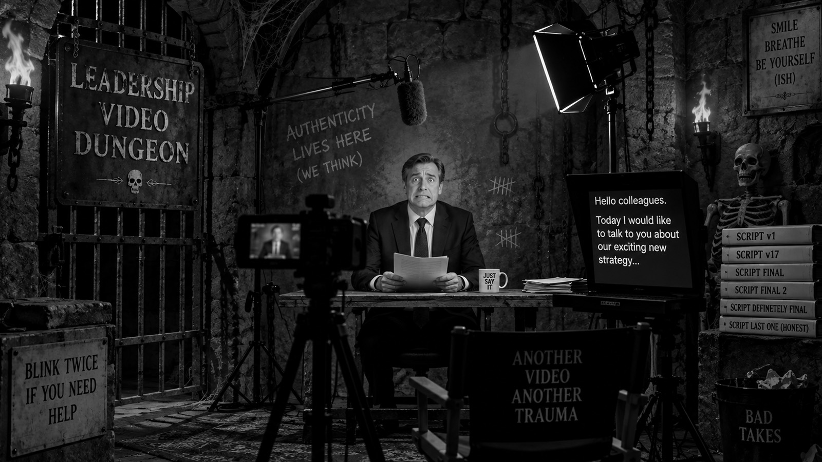 Comedic image showing a dull leadership video being filmed, the leader looking awkward and terrified.