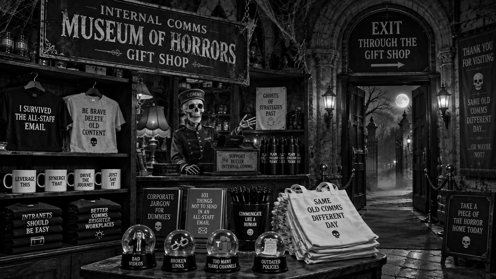 Comedic image showing the gift shop for the Museum of Internal Comms Horrors