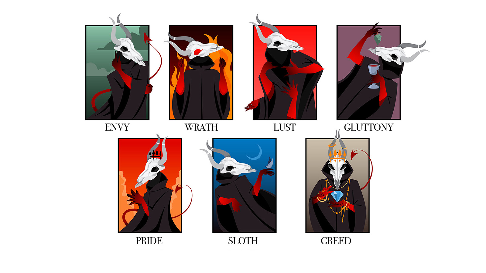 Seven illustrations representing the seven deadly sins - in this case of internal comms.